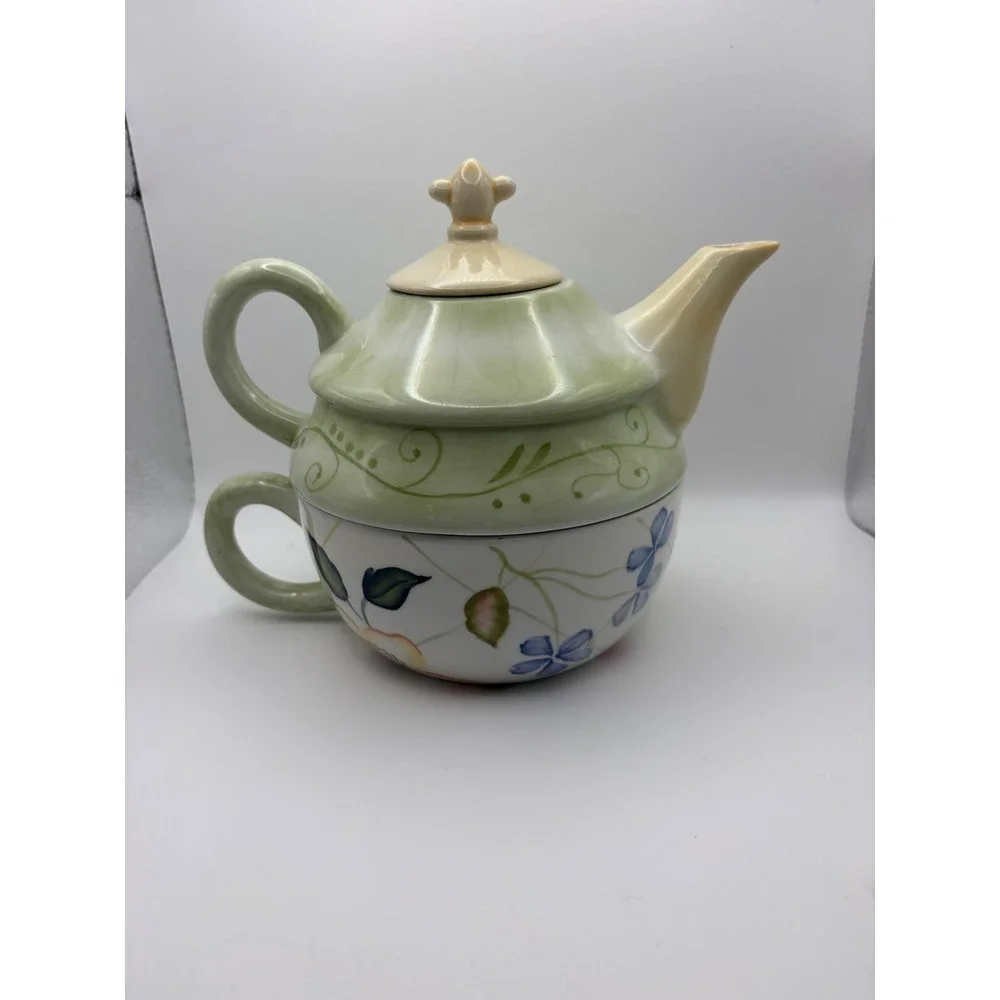 Tracy Porter Hand Painted Ceramic Tea For One Set Stacking Teapot and Cup Green